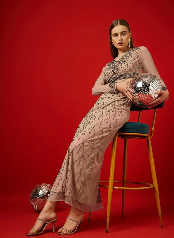 STREET 9 Beige Embellished Maxi Dress for Women