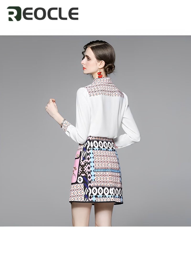 REOCLE New Spring and Summer Women's Fashionable Lapel Long-sleeved Printed Shirt Temperament Skirt Two-piece Retro Casual Fashion - Image 4