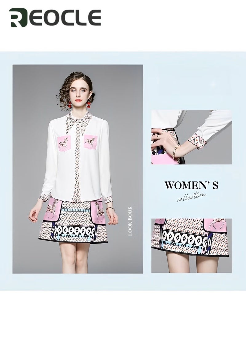 REOCLE New Spring and Summer Women's Fashionable Lapel Long-sleeved Printed Shirt Temperament Skirt Two-piece Retro Casual Fashion - Image 5