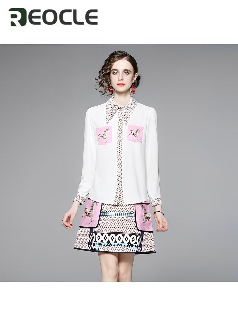 REOCLE New Spring and Summer Women's Fashionable Lapel Long-sleeved Printed Shirt Temperament Skirt Two-piece Retro Casual Fashion - Image 3