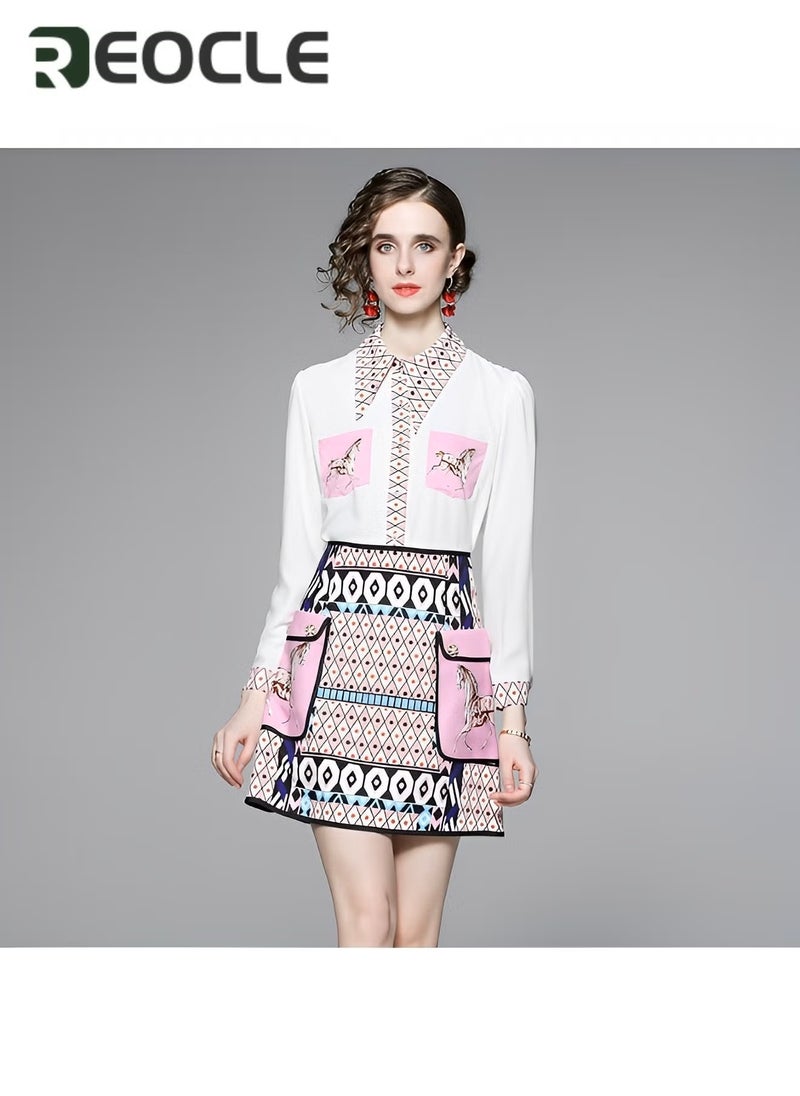 REOCLE New Spring and Summer Women's Fashionable Lapel Long-sleeved Printed Shirt Temperament Skirt Two-piece Retro Casual Fashion - Image 2