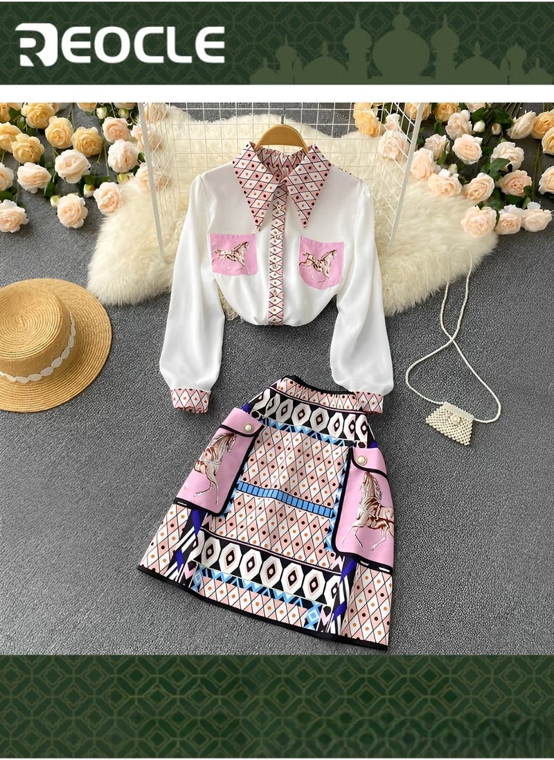 REOCLE New Spring and Summer Women's Fashionable Lapel Long-sleeved Printed Shirt Temperament Skirt Two-piece Retro Casual Fashion - Image 1