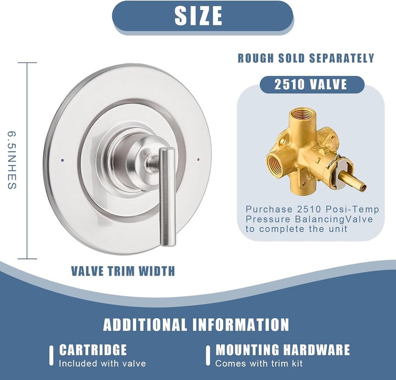 ZATEIRL T2901BN Shower Lever Handle Replacement Compateble with Moen T2901BN Gibson Posi-Temp Valve Trim Kit, Chrome Shower Trim Kit Shower Lever Handle (#2510 Valve Required) (Brushed Nickel) - Image 4
