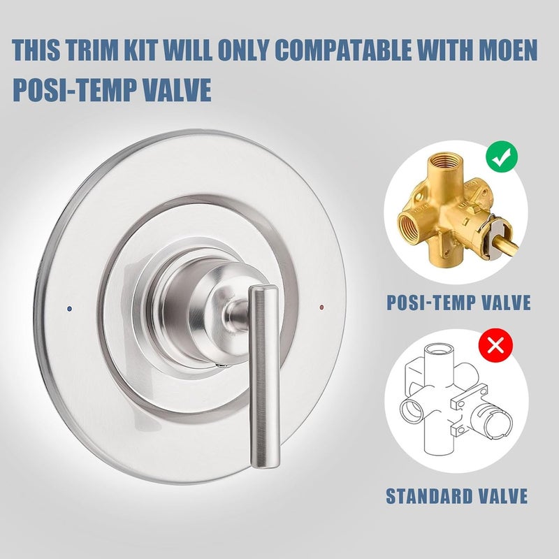 ZATEIRL T2901BN Shower Lever Handle Replacement Compateble with Moen T2901BN Gibson Posi-Temp Valve Trim Kit, Chrome Shower Trim Kit Shower Lever Handle (#2510 Valve Required) (Brushed Nickel) - Image 2