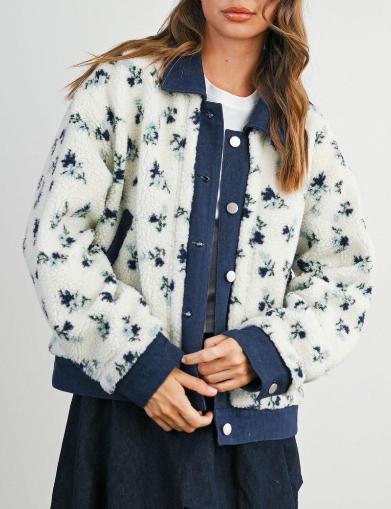 Meyhad Women's Floral Sherpa Jacket Open Front Denim Collar Fleece Jackets Oversized Outerwear with Pockets(1011-Navy-XL) - Image 2