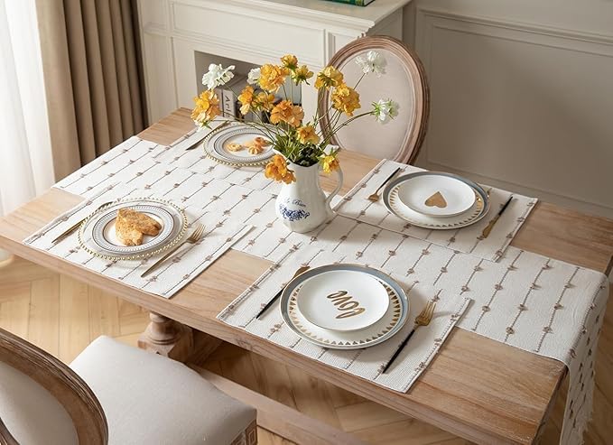 Slazie Premium Boho Design Cotton Table Runner with placemat Combos| Tassles| Table dcor| Dining Area |Dining Table|4-6 Seater Table Runner| RMC (Beige, 1 Runner(14*72 in)+ 6 PLACEMAT(13*19 in)) - Image 1