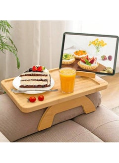 Bamboo Couch Arm Table with Foldable Tray and 360 Rotating Phone Holder Portable Sofa Armrest Clip Table for Eating and Drinking - No Installation Needed