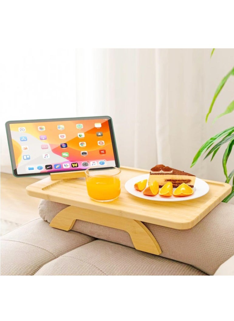 C&C Home - Bamboo Couch Arm Table with Foldable Tray and 360 Rotating Phone Holder Portable Sofa Armrest Clip Table for Eating and Drinking - No Installation Needed - Image 1