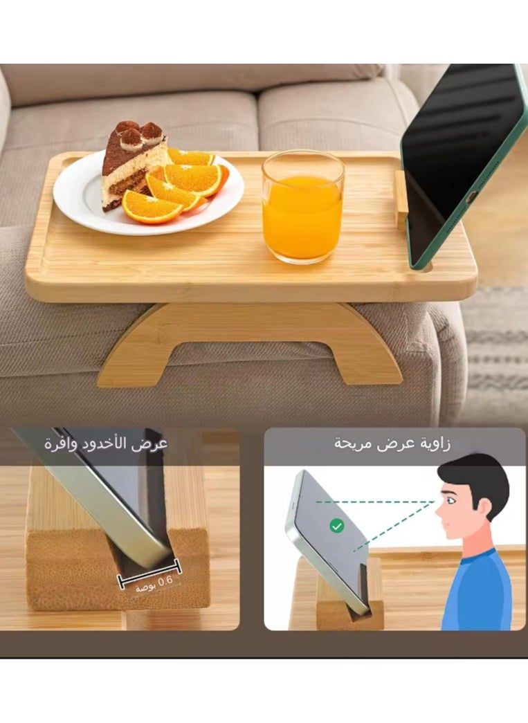 C&C Home - Bamboo Couch Arm Table with Foldable Tray and 360 Rotating Phone Holder Portable Sofa Armrest Clip Table for Eating and Drinking - No Installation Needed - Image 1