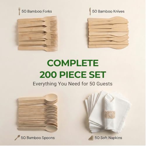 Koala love Pre Rolled Napkin and Bamboo Cutlery Set - 50 Pack Bamboo Utensils Wooden Cutlery 50 Forks 50 Knives 50 Spoons 50 Napkins, Pre Wrapped Disposable Silverware Cutlery for Party, Wedding, Events - Image 5