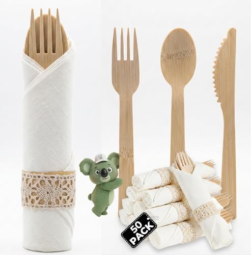 Koala love Pre Rolled Napkin and Bamboo Cutlery Set - 50 Pack Bamboo Utensils Wooden Cutlery 50 Forks 50 Knives 50 Spoons 50 Napkins, Pre Wrapped Disposable Silverware Cutlery for Party, Wedding, Events - Image 1