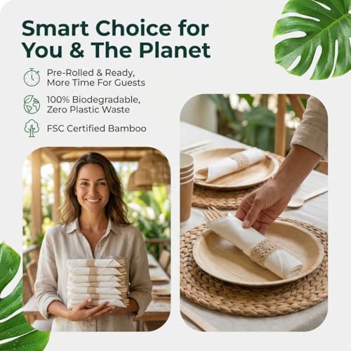 Koala love Pre Rolled Napkin and Bamboo Cutlery Set - 50 Pack Bamboo Utensils Wooden Cutlery 50 Forks 50 Knives 50 Spoons 50 Napkins, Pre Wrapped Disposable Silverware Cutlery for Party, Wedding, Events - Image 3