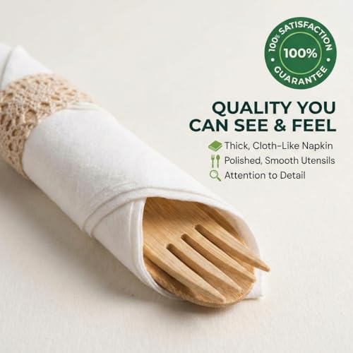 Koala love Pre Rolled Napkin and Bamboo Cutlery Set - 50 Pack Bamboo Utensils Wooden Cutlery 50 Forks 50 Knives 50 Spoons 50 Napkins, Pre Wrapped Disposable Silverware Cutlery for Party, Wedding, Events - Image 4