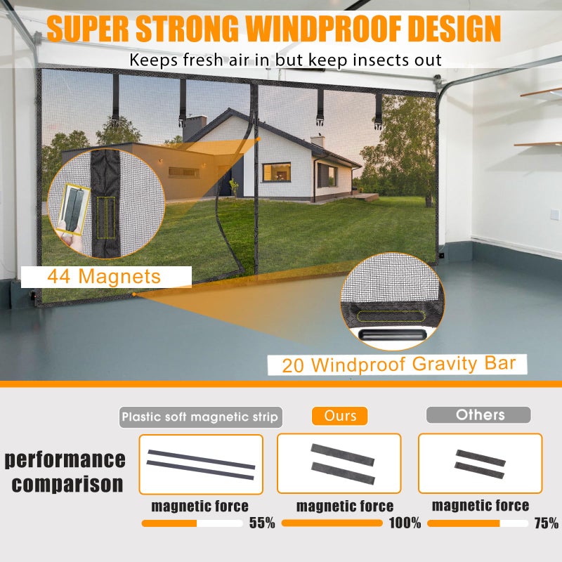 Elytsemoh Garage Screen Doors for 2 car garage-16x8FT Fiberglass Durable Heavy Duty Magnetic Garage Door Screen Retractable Hands Free with 6 Roll Up Straps for Patio Workshop Home Gym Sun Room - Image 3