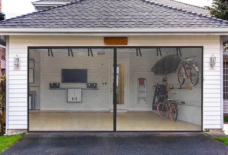 Elytsemoh Garage Screen Doors for 2 car garage-16x8FT Fiberglass Durable Heavy Duty Magnetic Garage Door Screen Retractable Hands Free with 6 Roll Up Straps for Patio Workshop Home Gym Sun Room - Image 1