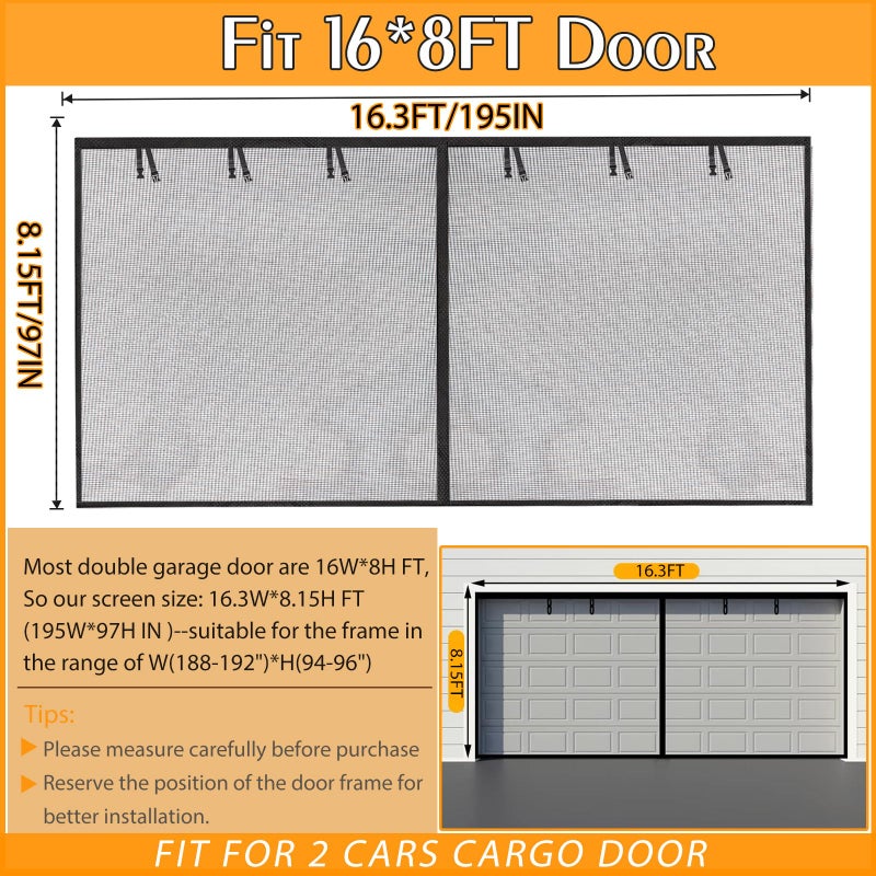 Elytsemoh Garage Screen Doors for 2 car garage-16x8FT Fiberglass Durable Heavy Duty Magnetic Garage Door Screen Retractable Hands Free with 6 Roll Up Straps for Patio Workshop Home Gym Sun Room - Image 2