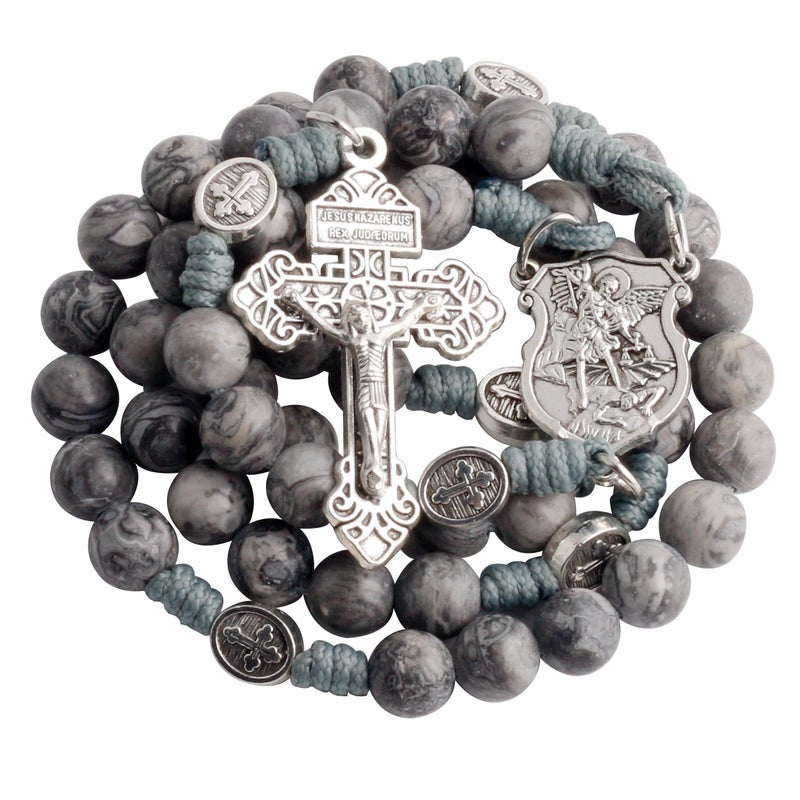 HanlinCC 10mm Natural Map Stone Beads Handmade Saint Michael Paracord Rosary Necklace with Religious Pouch Map Stone - Image 2