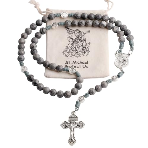 HanlinCC 10mm Natural Map Stone Beads Handmade Saint Michael Paracord Rosary Necklace with Religious Pouch Map Stone - Image 3