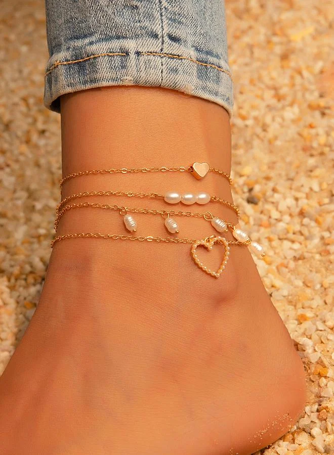 Take Two Set of 4 - Heart and Pearl Charms Anklet
