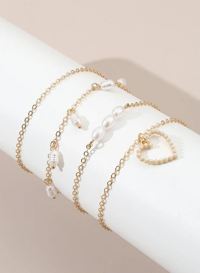 Take Two Set of 4 - Heart and Pearl Charms Anklet