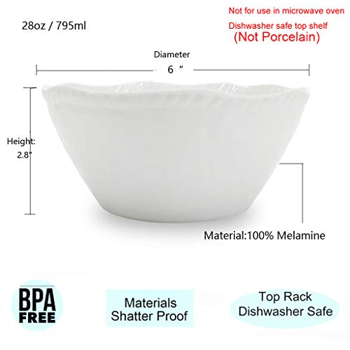 KX-WARE Melamine Cereal Bowls Set - 28 oz/6 inch 100% Melamine Soup/Salad Bowls | set of 6, White | Break-resistant and Dishwasher Safe, BPA Free - Image 2