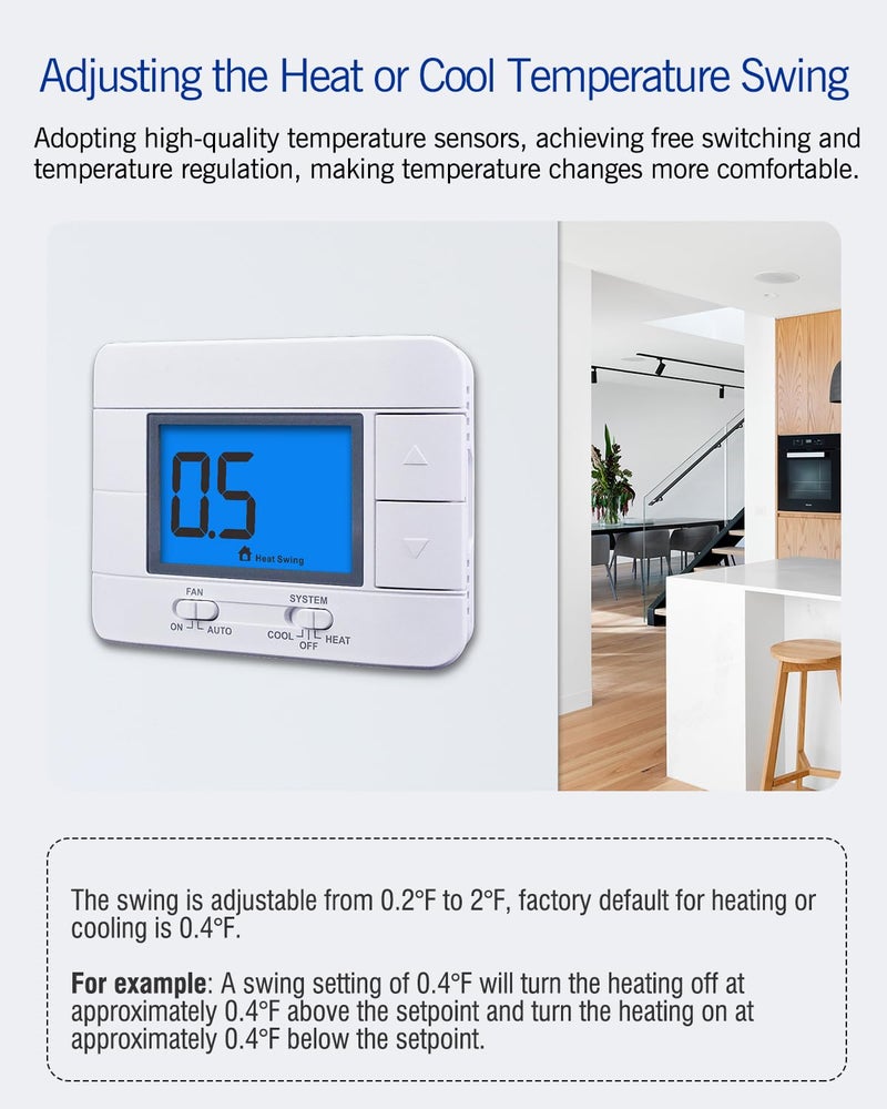 Aowel Non Programmable Thermostat for Home 1 Heat/ 1 Cool Single-Stage System, with Room Temperature Monitor (LCD Blue Backlit Screen) - Image 4