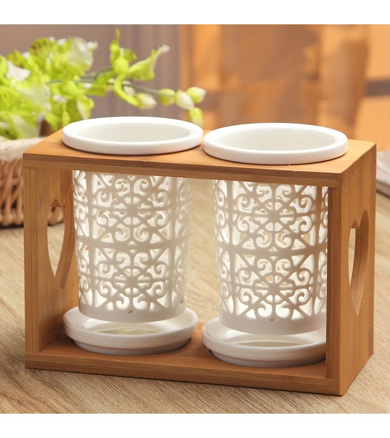 Hollow Ceramic Chopstick Cage Set 2 Tubes With Bamboo Frame Kitchen Chopsticks Rack Multi Hole Drain Storage Organizer For Japanese Tableware - Image 1