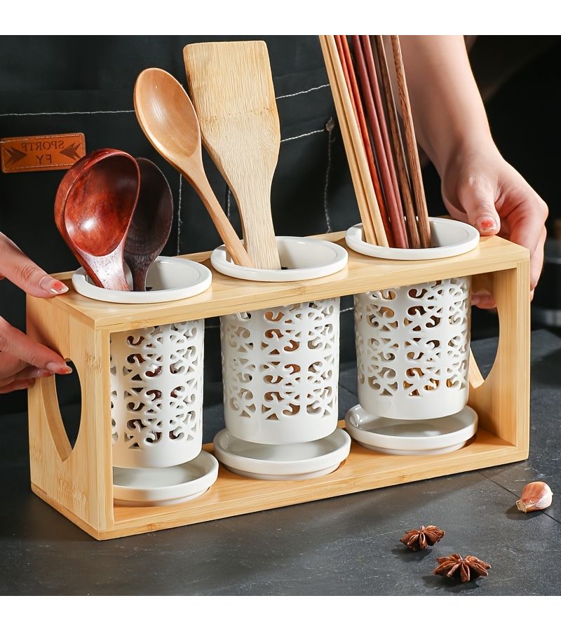 Hollow Ceramic Chopstick Cage Set 2 Tubes With Bamboo Frame Kitchen Chopsticks Rack Multi Hole Drain Storage Organizer For Japanese Tableware - Image 5