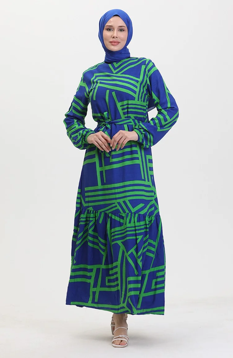 Sefa Merve Patterned Belted Dress 0459-01 Dark Blue Green