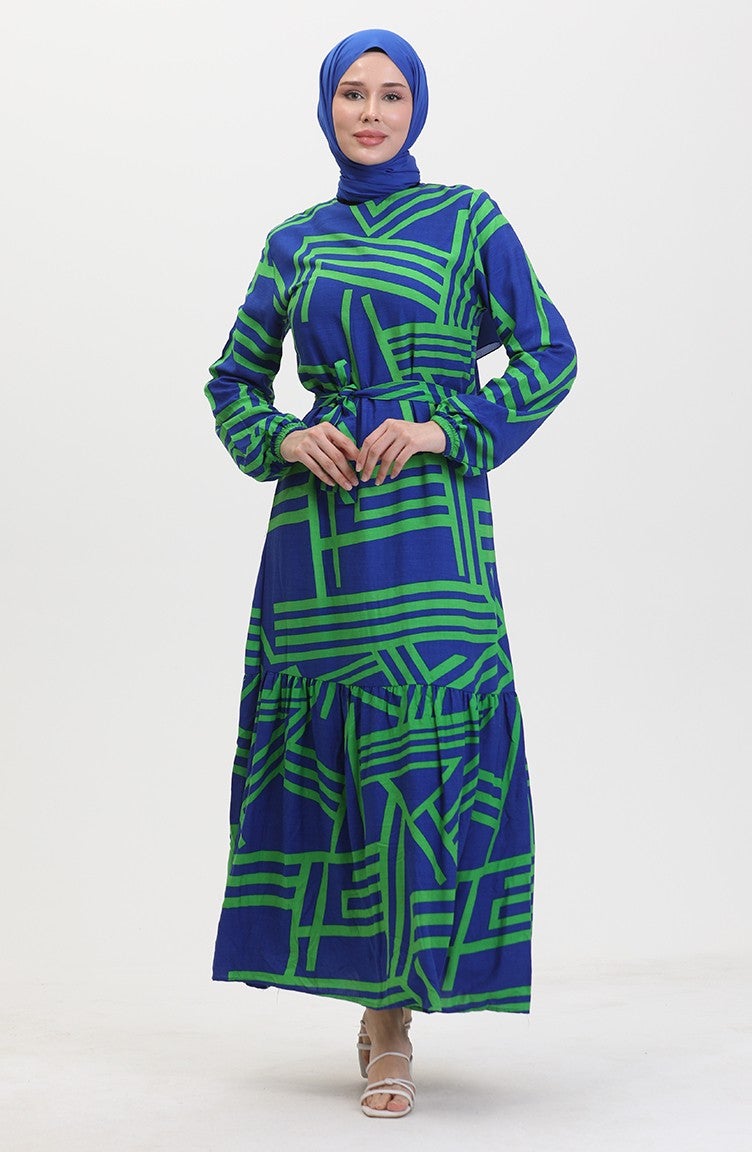 Sefa Merve Patterned Belted Dress 0459-01 Dark Blue Green - Image 1