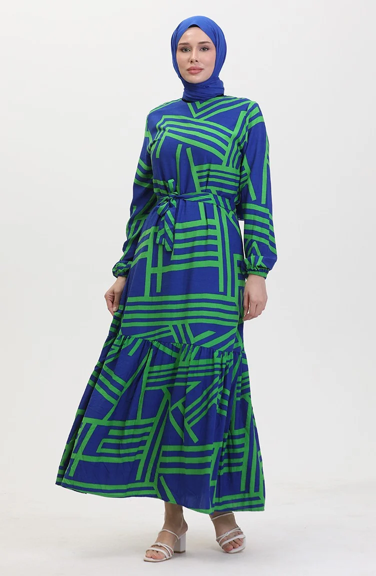 Sefa Merve Patterned Belted Dress 0459-01 Dark Blue Green