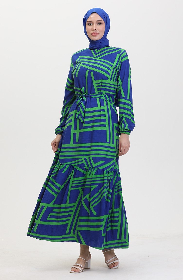 Sefa Merve Patterned Belted Dress 0459-01 Dark Blue Green - Image 2
