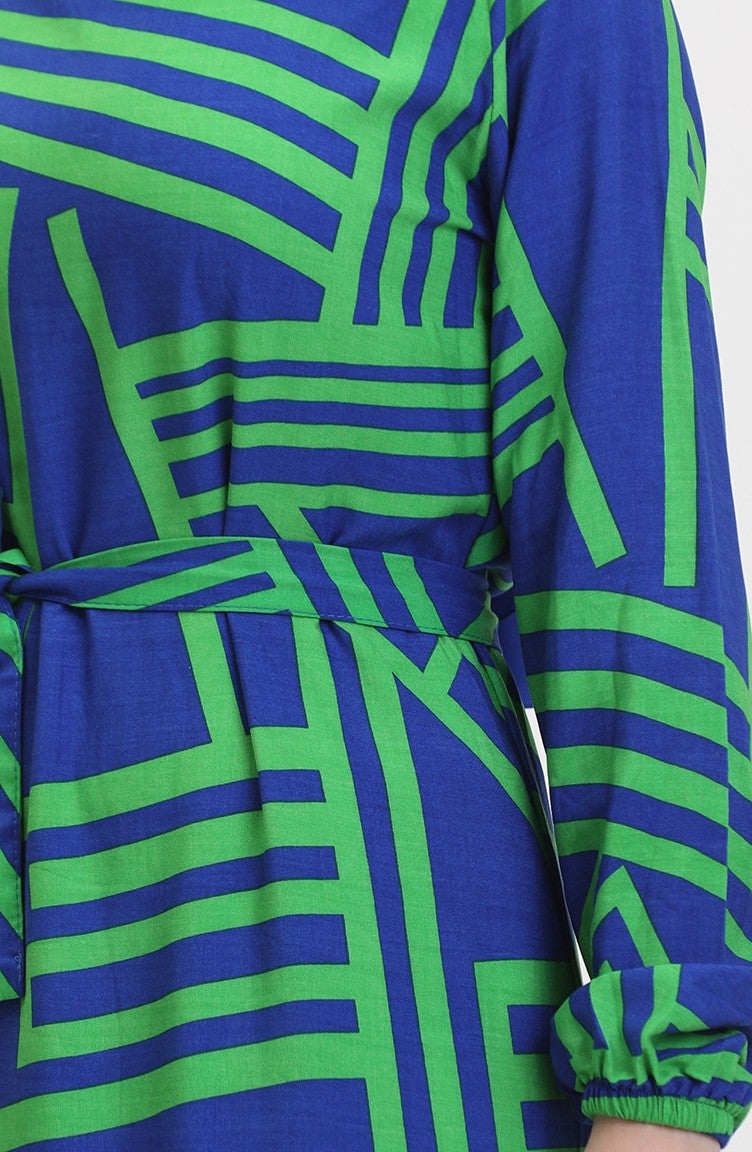 Sefa Merve Patterned Belted Dress 0459-01 Dark Blue Green - Image 5