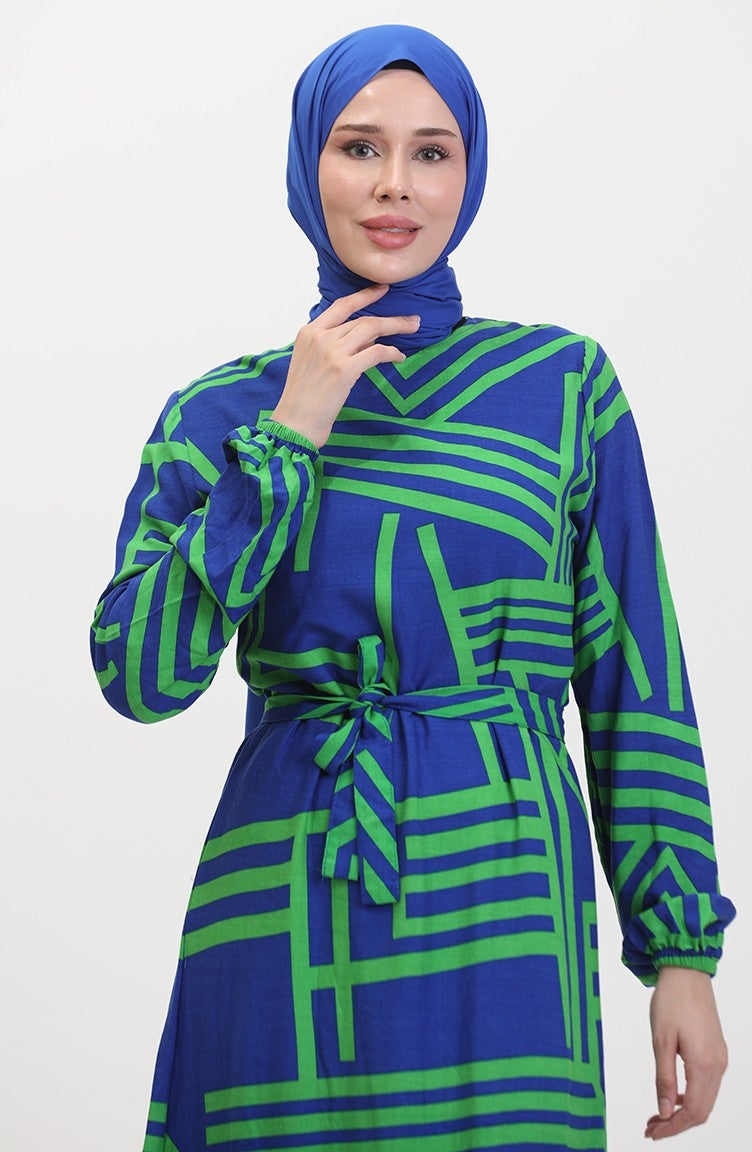 Sefa Merve Patterned Belted Dress 0459-01 Dark Blue Green - Image 4