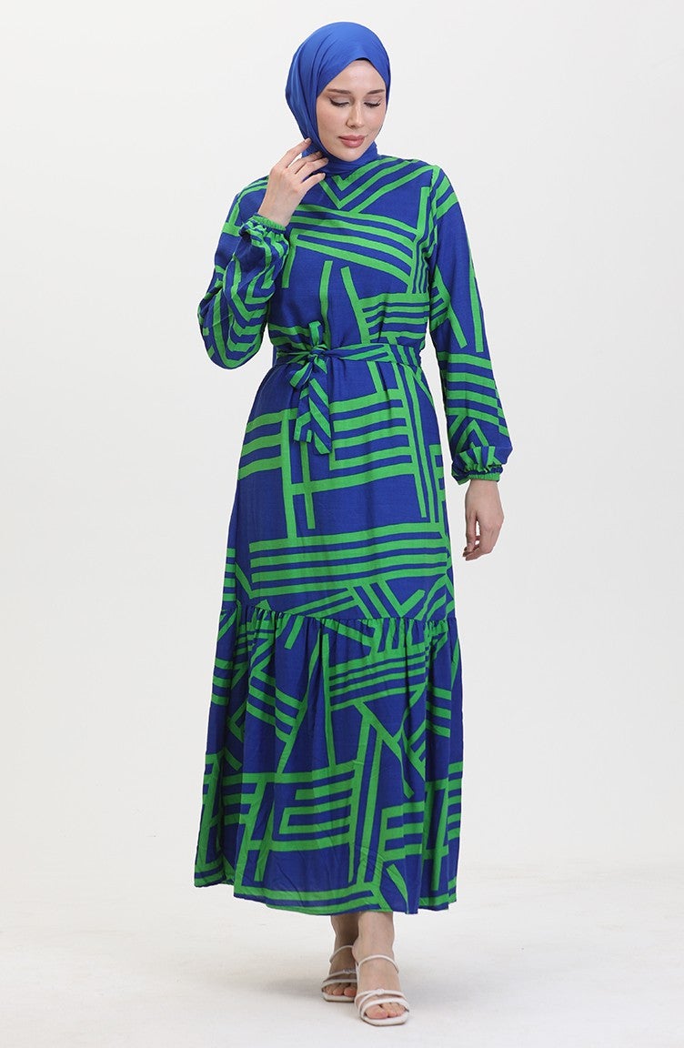 Sefa Merve Patterned Belted Dress 0459-01 Dark Blue Green - Image 3