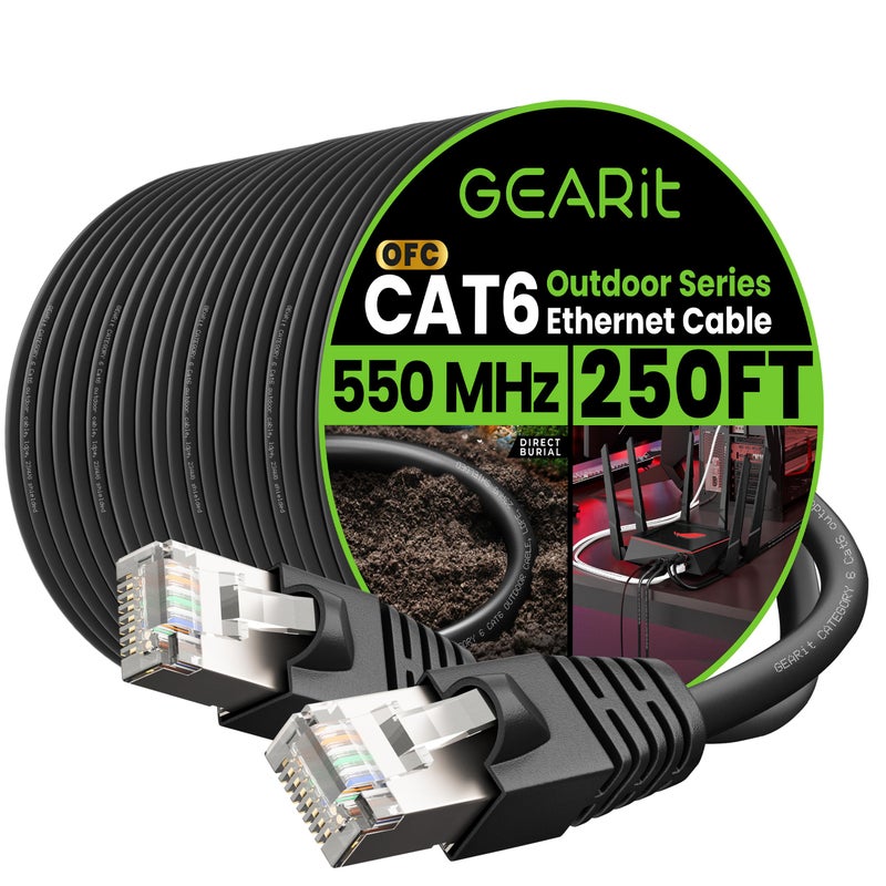 GEARit Cat6 Outdoor Ethernet Cable (250ft) 23AWG Pure Copper, FTP, LLDPE, Waterproof, Direct Burial, In-Ground, UV Resistant, POE, Network, LAN, Internet, Cat 6, Cat6 Cable - 250 Feet - Image 1