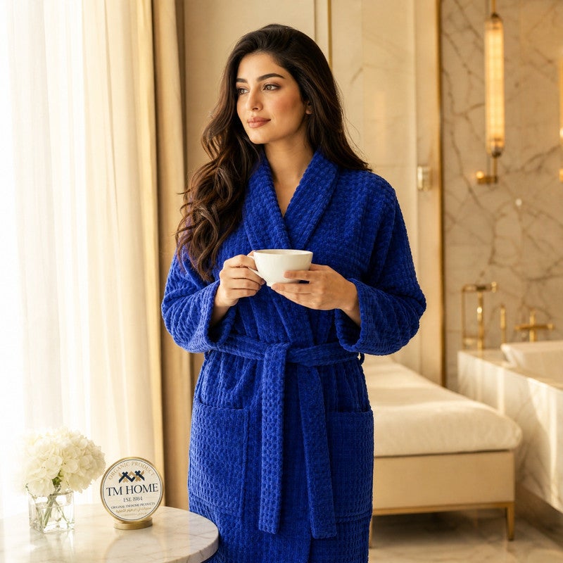TM HOME Jacquard Unisex Bathrobe, 100% Natural Cotton, Soft and Comfortable, Premium Hotel Quality, Navy Blue - Image 3