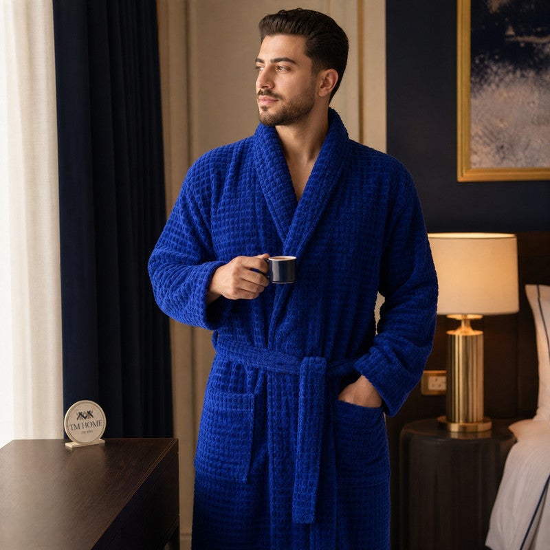 TM HOME Jacquard Unisex Bathrobe, 100% Natural Cotton, Soft and Comfortable, Premium Hotel Quality, Navy Blue - Image 2