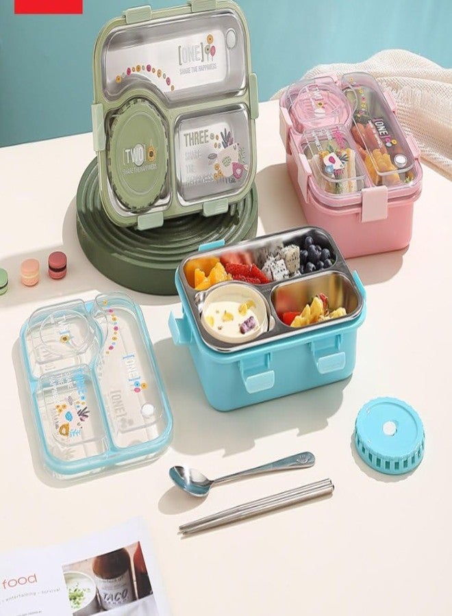 HELIMIX 3-Compartment Stainless Steel Lunch Box for Kids & Adults | Leakproof Bento Box with Lid & Container | BPA-Free, Microwave Safe Base, Portable Tiffin Box for Office, School, Picnic – Green - Image 2