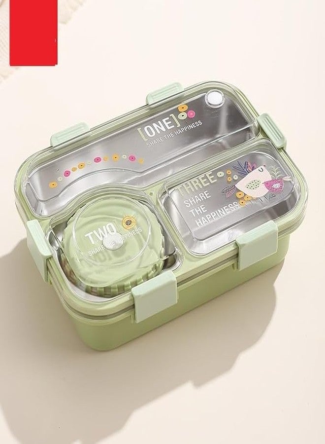 HELIMIX 3-Compartment Stainless Steel Lunch Box for Kids & Adults | Leakproof Bento Box with Lid & Container | BPA-Free, Microwave Safe Base, Portable Tiffin Box for Office, School, Picnic – Green - Image 3