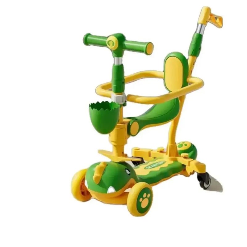 Dinosaur 5-in-1 Kids Scooter, Multi-Mode Balance Bike and Ride-On Toy, Green and Yellow (Yellow-Green)