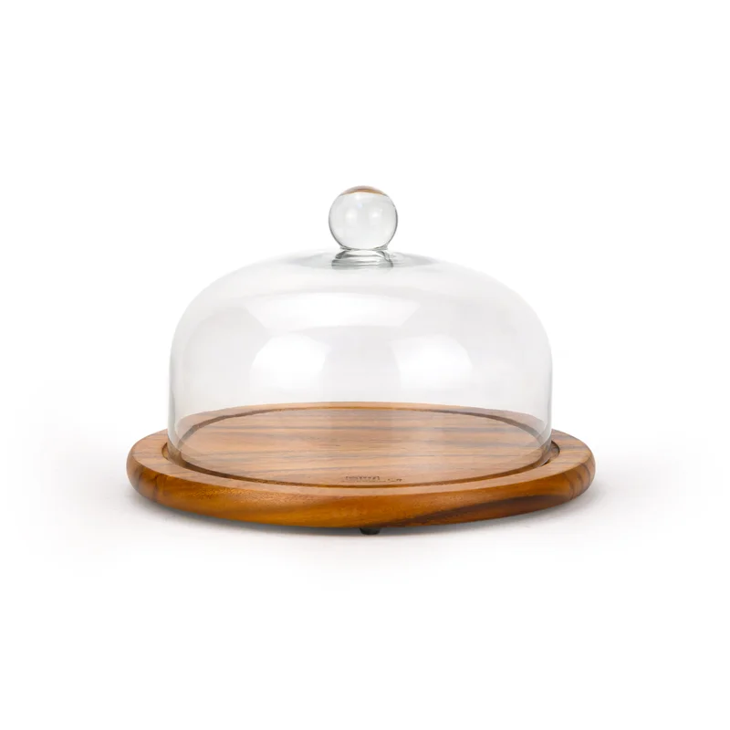 Billi Billi Acacia Cake Dome with Glass Lid, 29.5cm Wooden Cake Stand, Dessert & Pastry Display Stand, Round Serving Platter for Cakes, Bakery, Parties & Kitchen Use