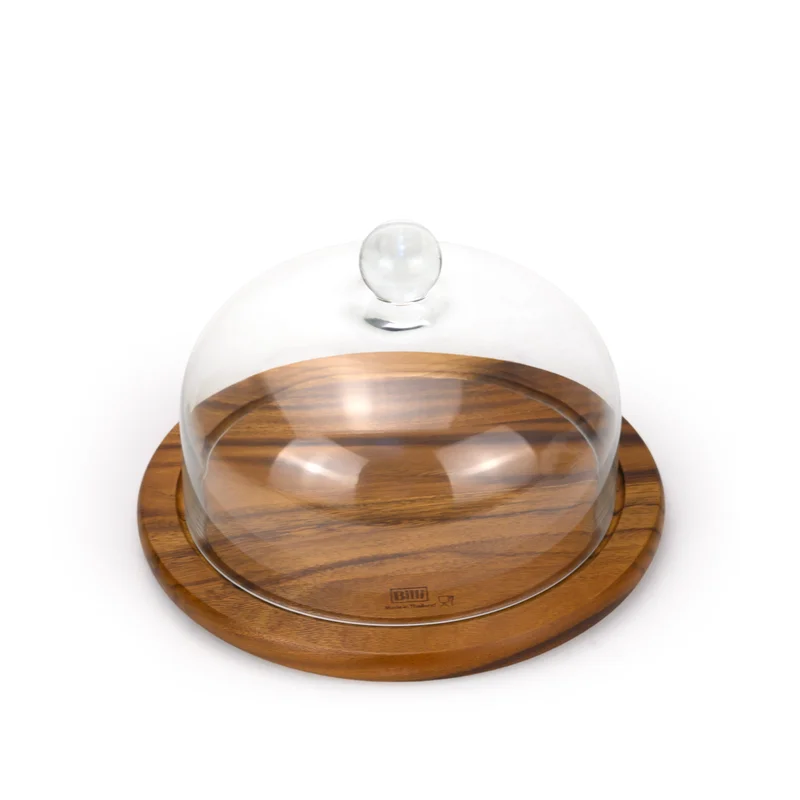 Billi Billi Acacia Cake Dome with Glass Lid, 29.5cm Wooden Cake Stand, Dessert & Pastry Display Stand, Round Serving Platter for Cakes, Bakery, Parties & Kitchen Use