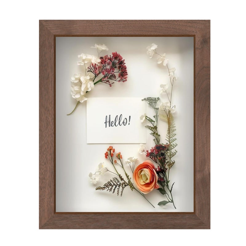 إطار فريم ووركس 8 × 10 إطار صندوق ظل خشبي داكن مع صندوق عرض بظهر ناعم من الفelt مع زجاج مقسى وصندوق عرض مع دبابيس دفع بيضاء أنيقة وصندوق زهور خشبي