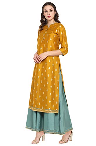 Janasya Womens Midi Silk Blend Print Anarkali Ethnic Dress (J0006-SET-M) Mustard - Image 3