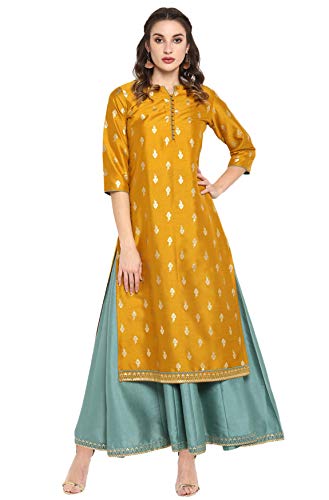 Janasya Womens Midi Silk Blend Print Anarkali Ethnic Dress (J0006-SET-M) Mustard - Image 1