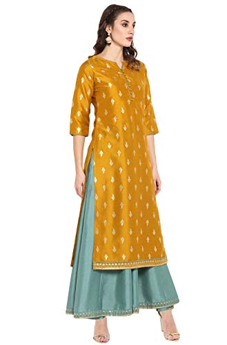 Janasya Womens Midi Silk Blend Print Anarkali Ethnic Dress (J0006-SET-M) Mustard - Image 4