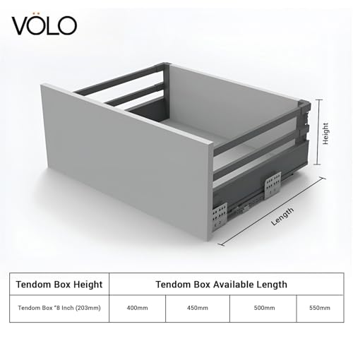 VOLO Soft Close Tandem Drawer Box for Modular Kitchen – Grey Double Gallery, Heavy Duty 50 Kg Weight Capacity, 8 Inch Height, 500mm Depth - Image 2