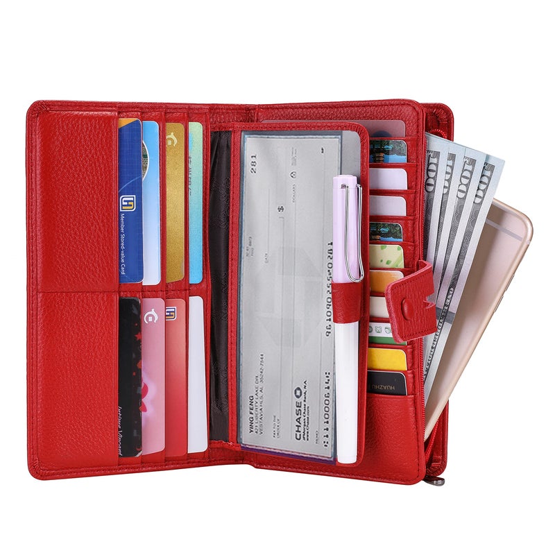 Itslife Womens Wallet,Large Capacity RFID Blocking Leather Wallets Credit Cards Organizer Ladies Wallet with Checkbook Holder (Red) - Image 2