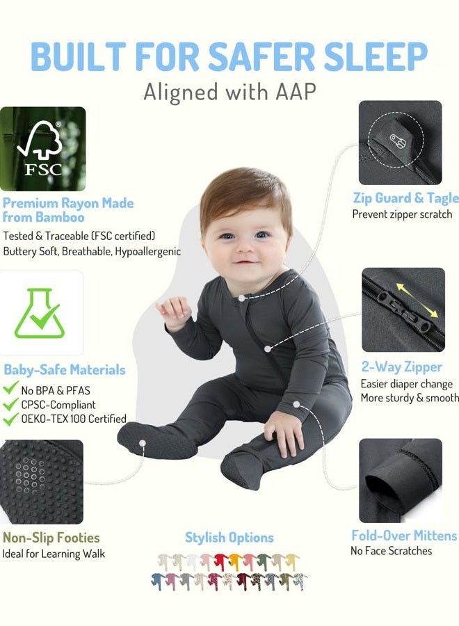 HAPIU Rayon from Bamboo Baby Footed Pajamas, 2 Way Zipper YKK, Footie for Baby Boy Girls, Newborn-24 Months, 2-Pack, Moonlight Blue&Dark Grey, 3-6 Months - Image 2